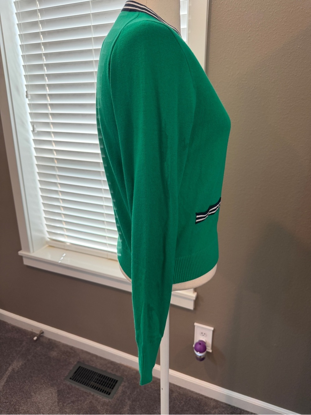 Women’s J. Crew Green Crewneck Cardigan with Navy Stripe Trim - Picture 3 of 8
